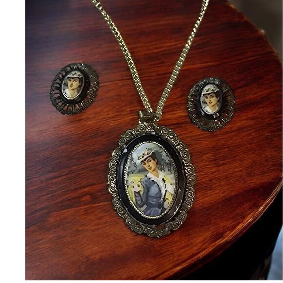 Vintage Cameo Painted Woman and Matching Clip On Earring Set Signed Germany - Picture 1 of 8